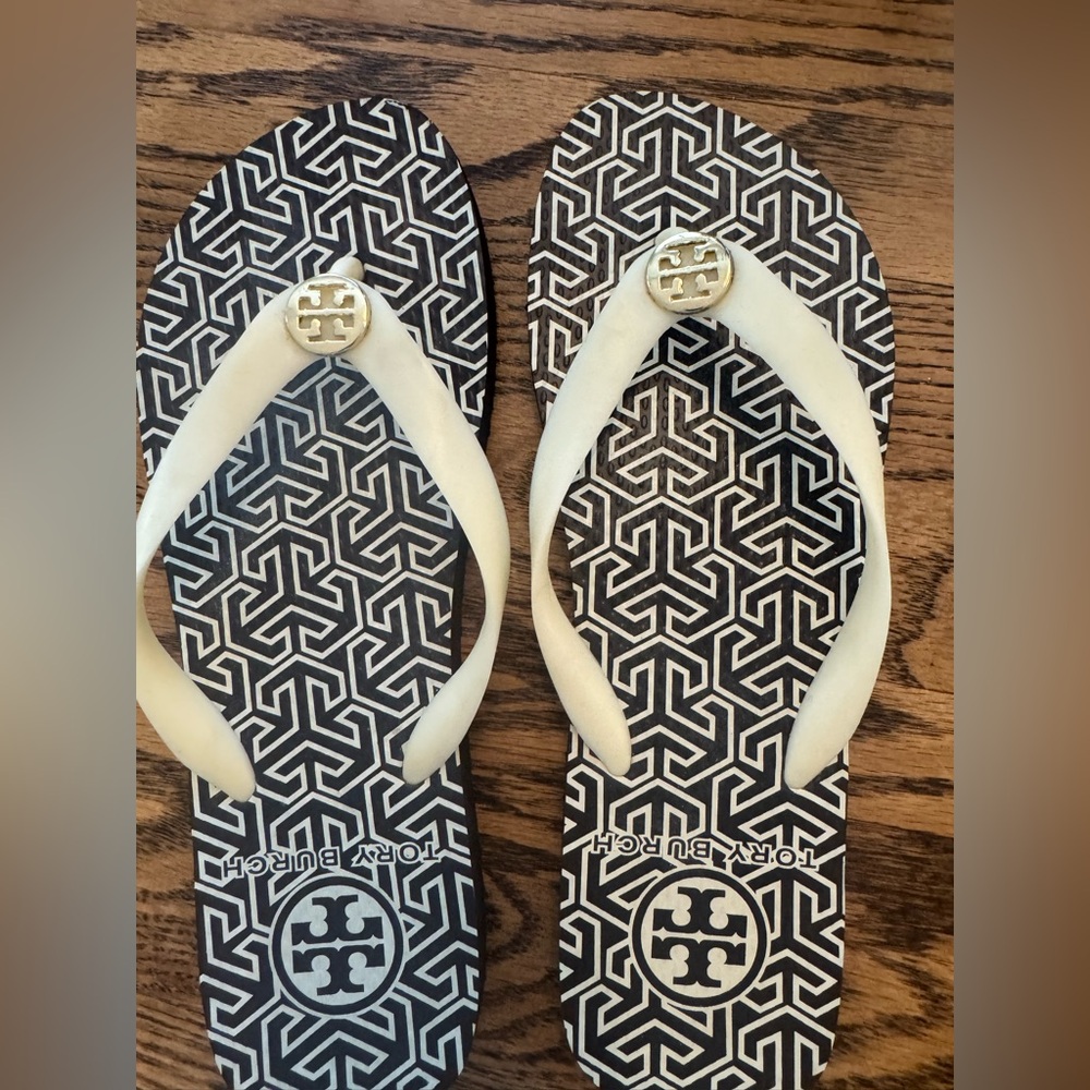 Tory Burch Brown and Cream Geometric Flip Flops